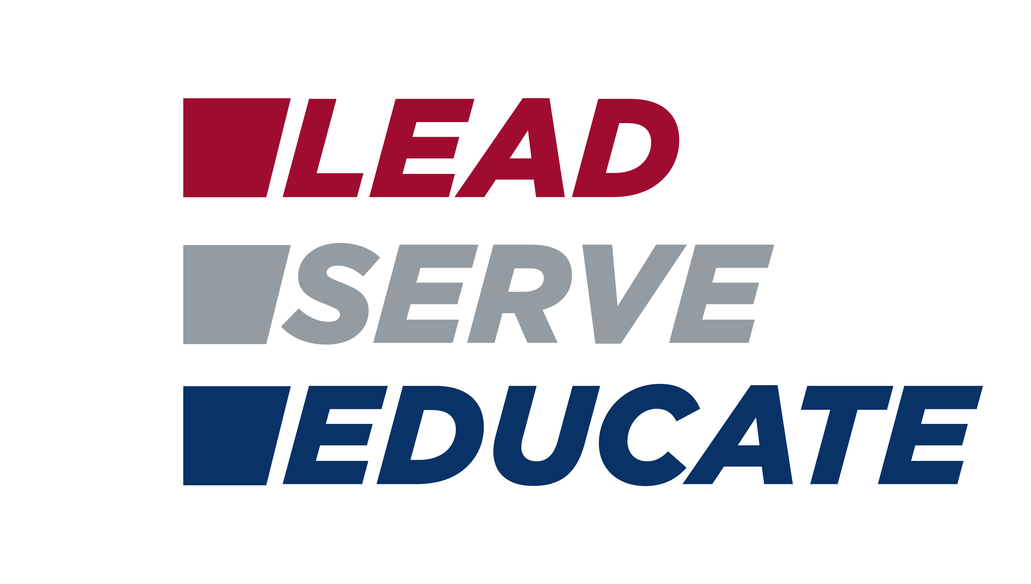 Logo tagline that says "Lead" in red, "Serve" in grey, and "Educate" in blue